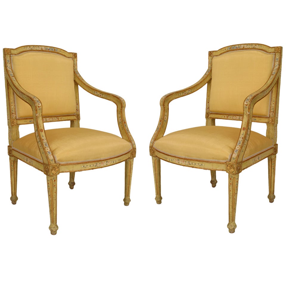 2 Pairs of Venetian Yellow Painted Floral Arm Chairs
