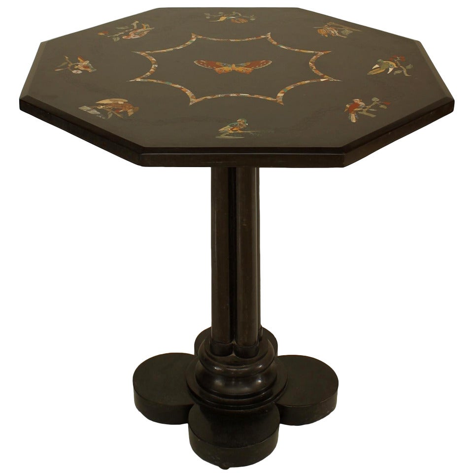 French Victorian Black Marble Floral End Table