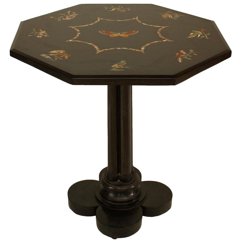 French Victorian Black Marble Floral End Table For Sale