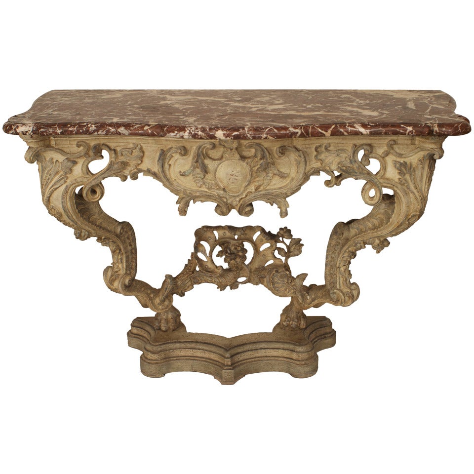 Table console vénitienne italienne peinte avec plateau en marbre