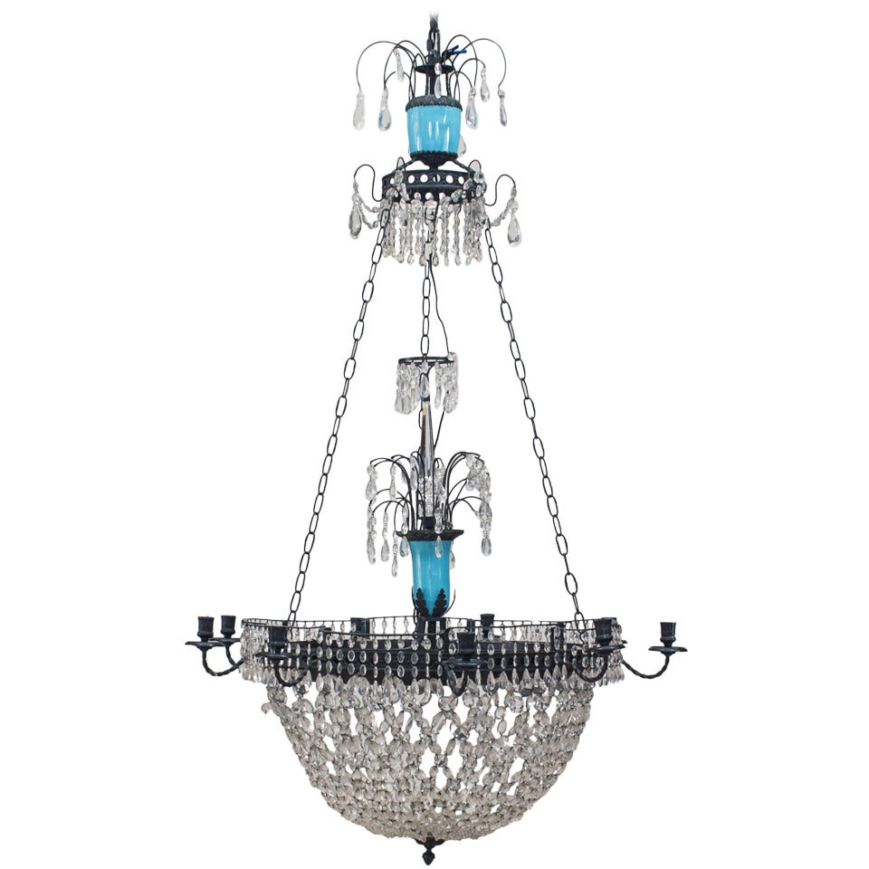 French Blue Opaline Glass and Crystal Chandelier