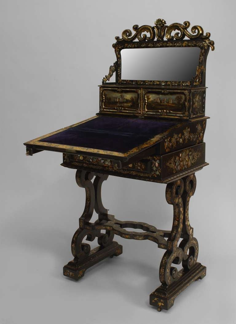 19th Century English Victorian Papier Mache Pearl Inlaid Black Lacquered Vanity For Sale