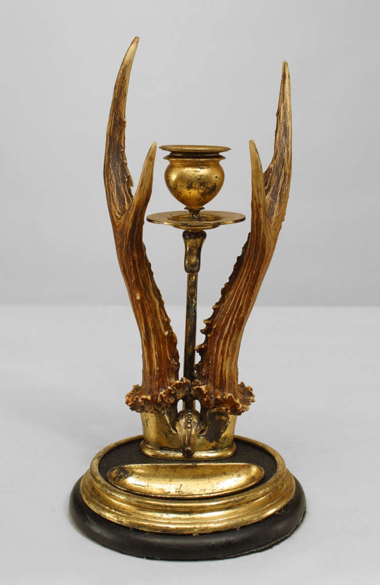 Rustic Pair of Continental Antler and Brass Candlesticks