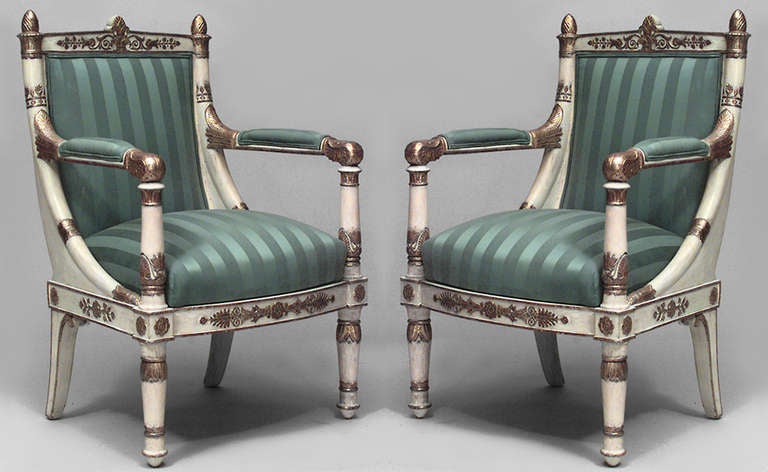 Pair of French Empire Striped Armchairs For Sale 1