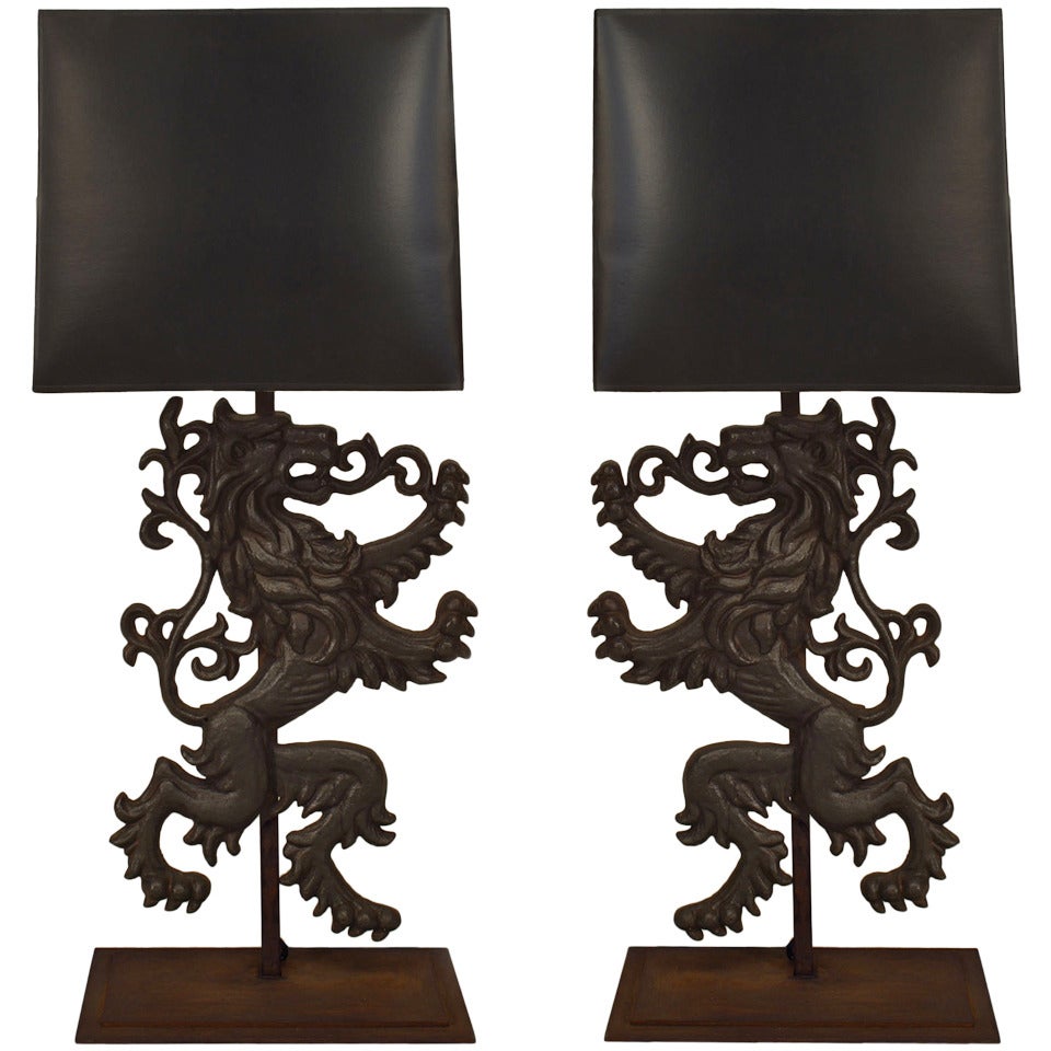 Pair Of Large 19th C. Lions Rampant Table Lamps