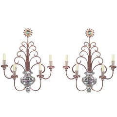 Pair of 1940
s Mirrored Glass and Gilt Metal Vasiform Sconces
