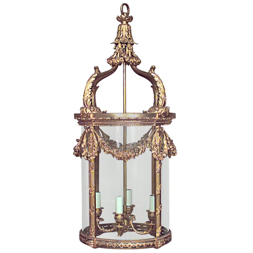 French Louis XVI Style Bronze Dore Hanging Lantern Pendant Lamp