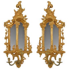 Antique Pair of Mirrored Giltwood Chinese Chippendale Style Wall Sconces