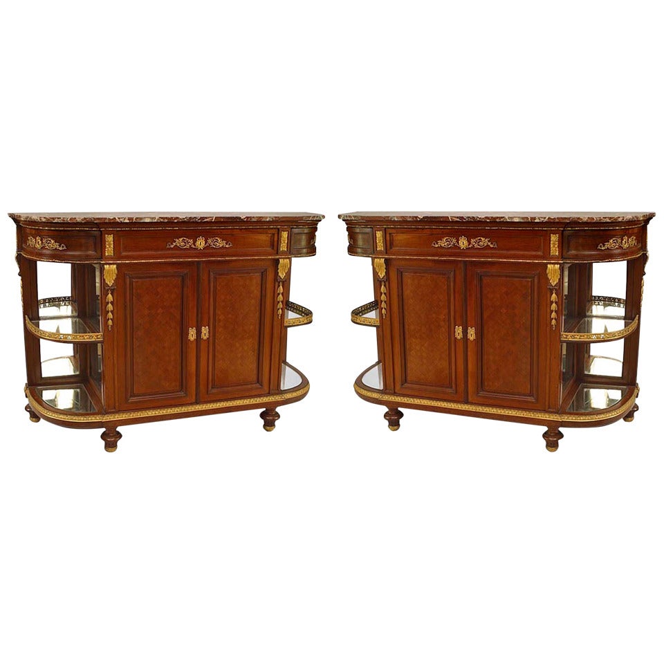 Pair of Louis XVI Style Marble Top Mahogany Sideboards For Sale