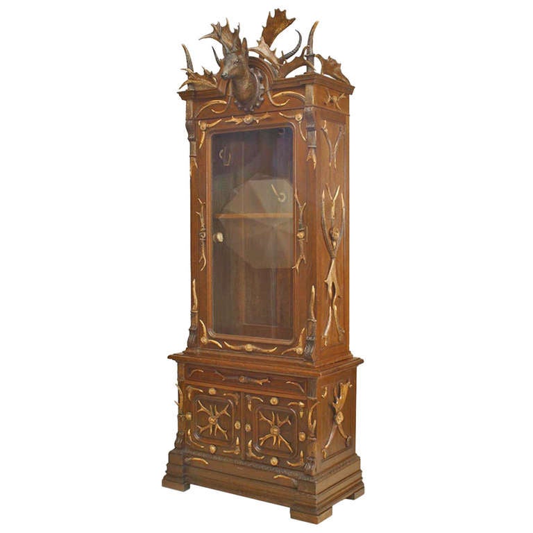 German Oak And Horn Gun Cabinet For Sale German Oak And Horn Gun Cabinet For Sale