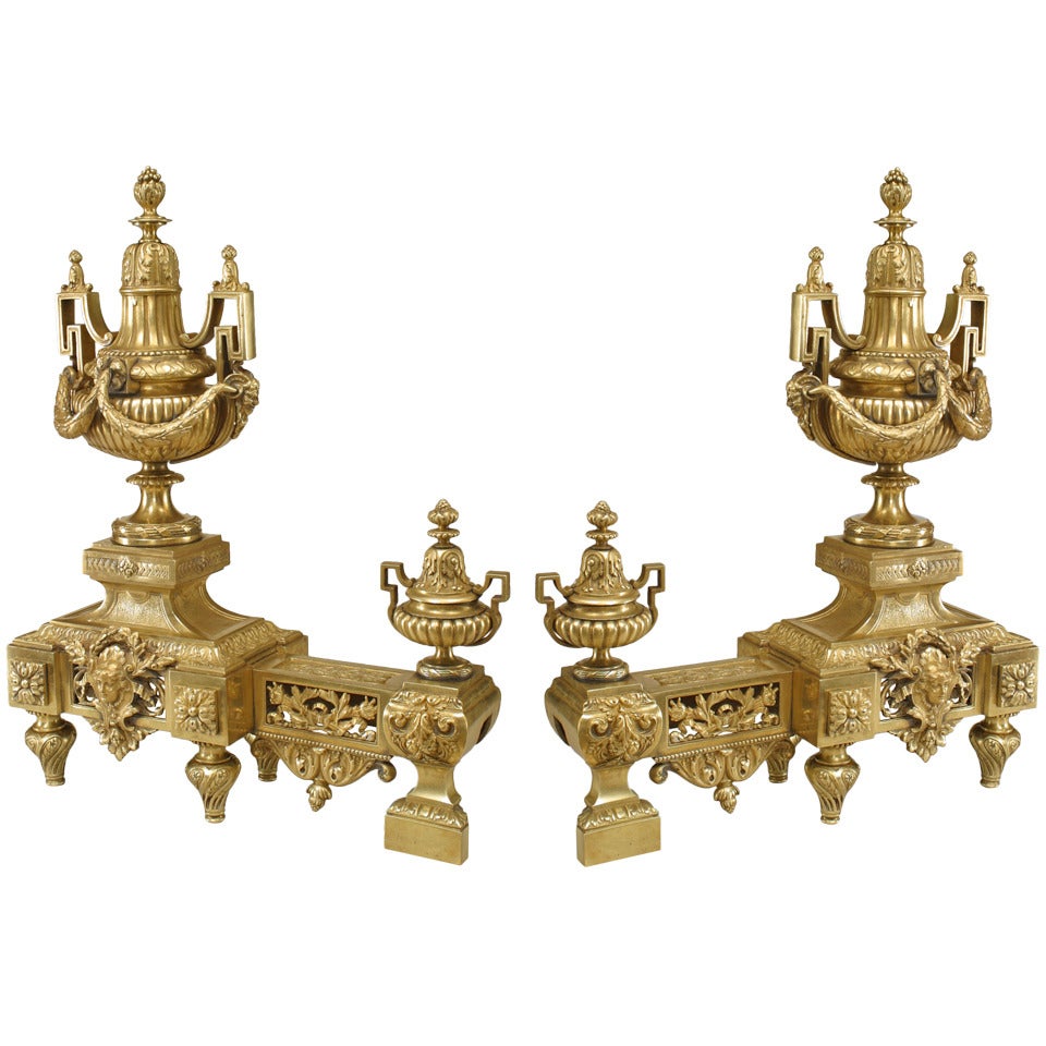 Pair of Louis XVI Style Filigreed Bronze Dore Andirons