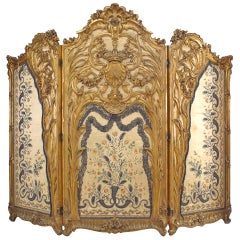 Antique Louis XV Style Carved Gilt 3-Fold Screen with Embroidered Silk Panels