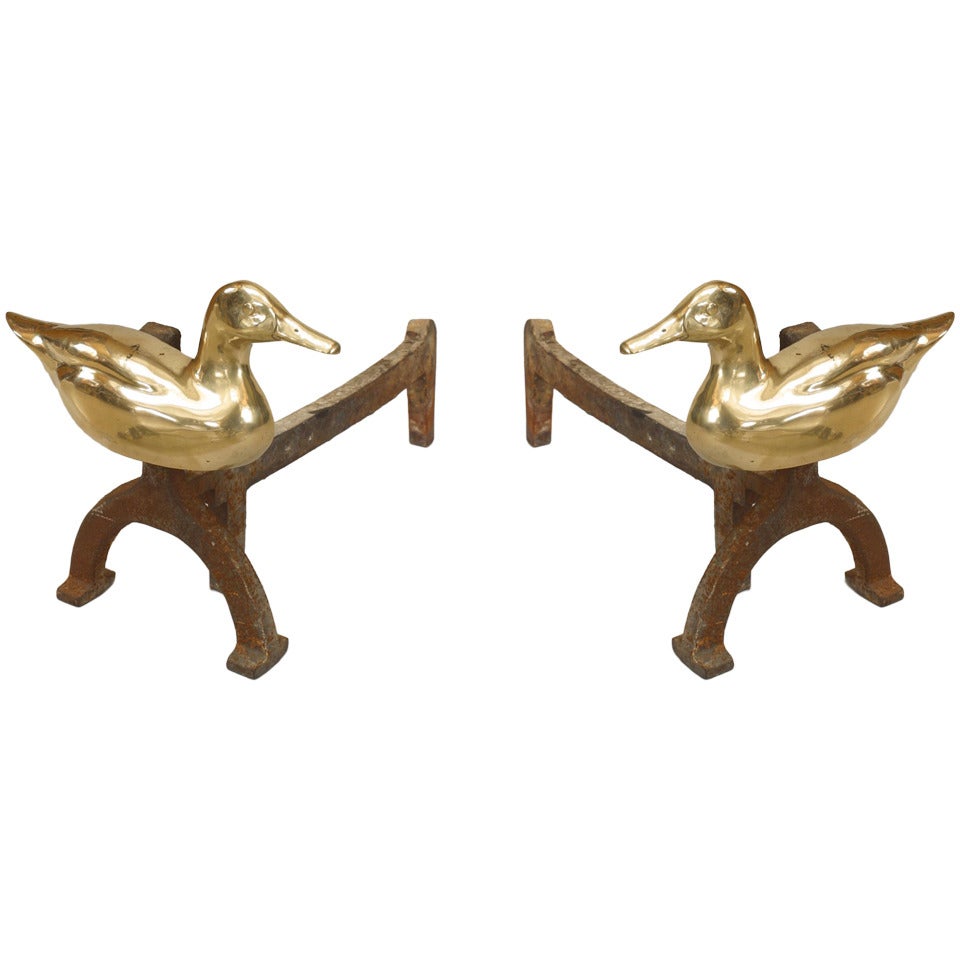 Pair of Adirondack Brass Duck Andirons For Sale