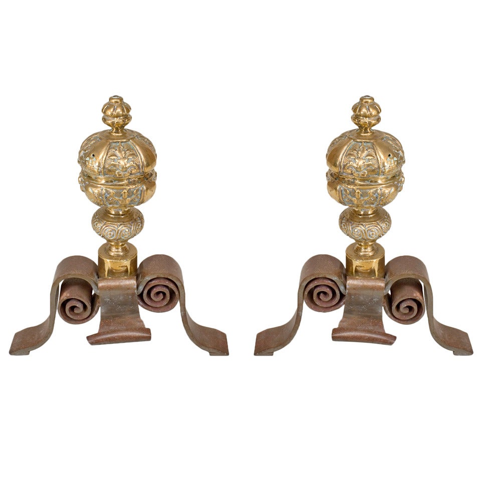 Pair of Neo-Classic Large Brass Andirons For Sale