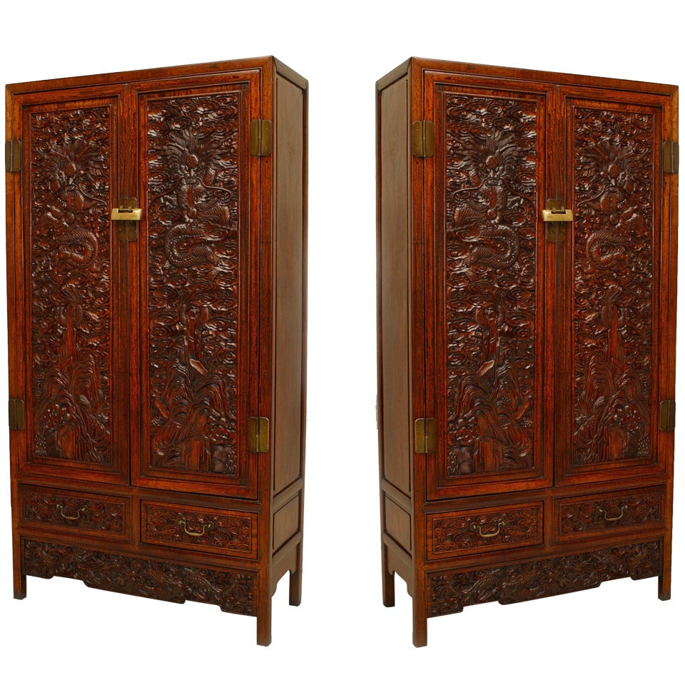 Pair of Chinese Qing Dynasty Hardwood Armoires For Sale