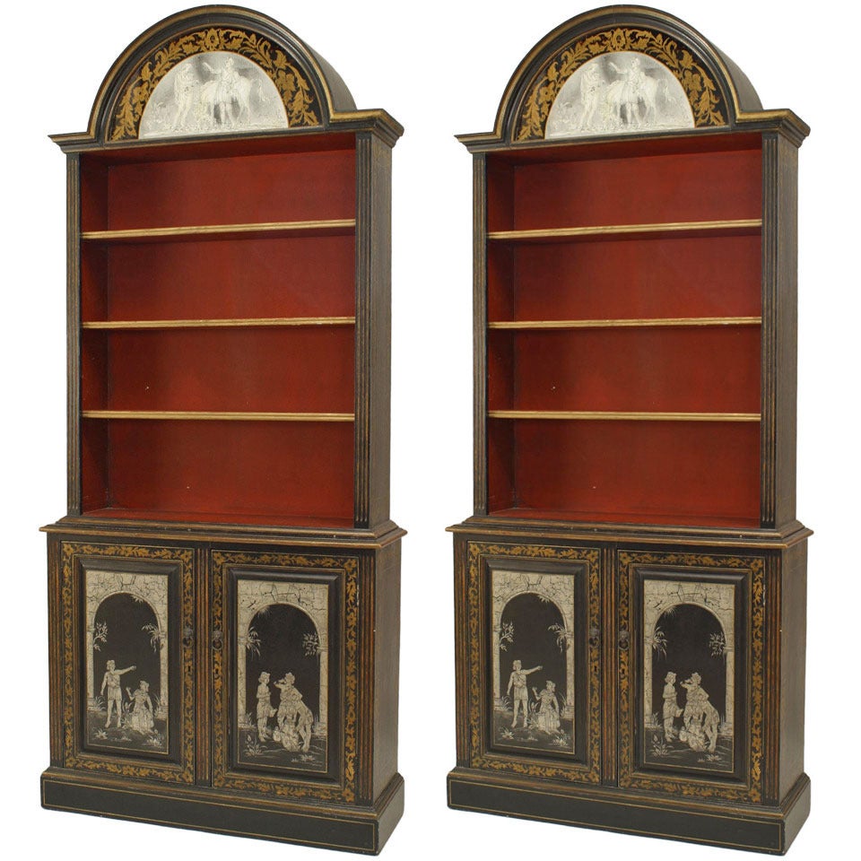 Pair of Adam Style Black Lacquered Bookcases For Sale