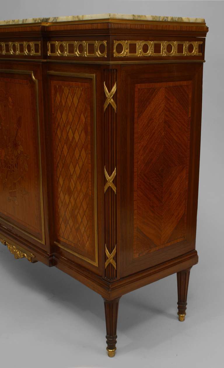 19th c. Louis XVI Style Inlaid Sideboard with Marble Top and Bronze Accents In Excellent Condition In New York, NY
