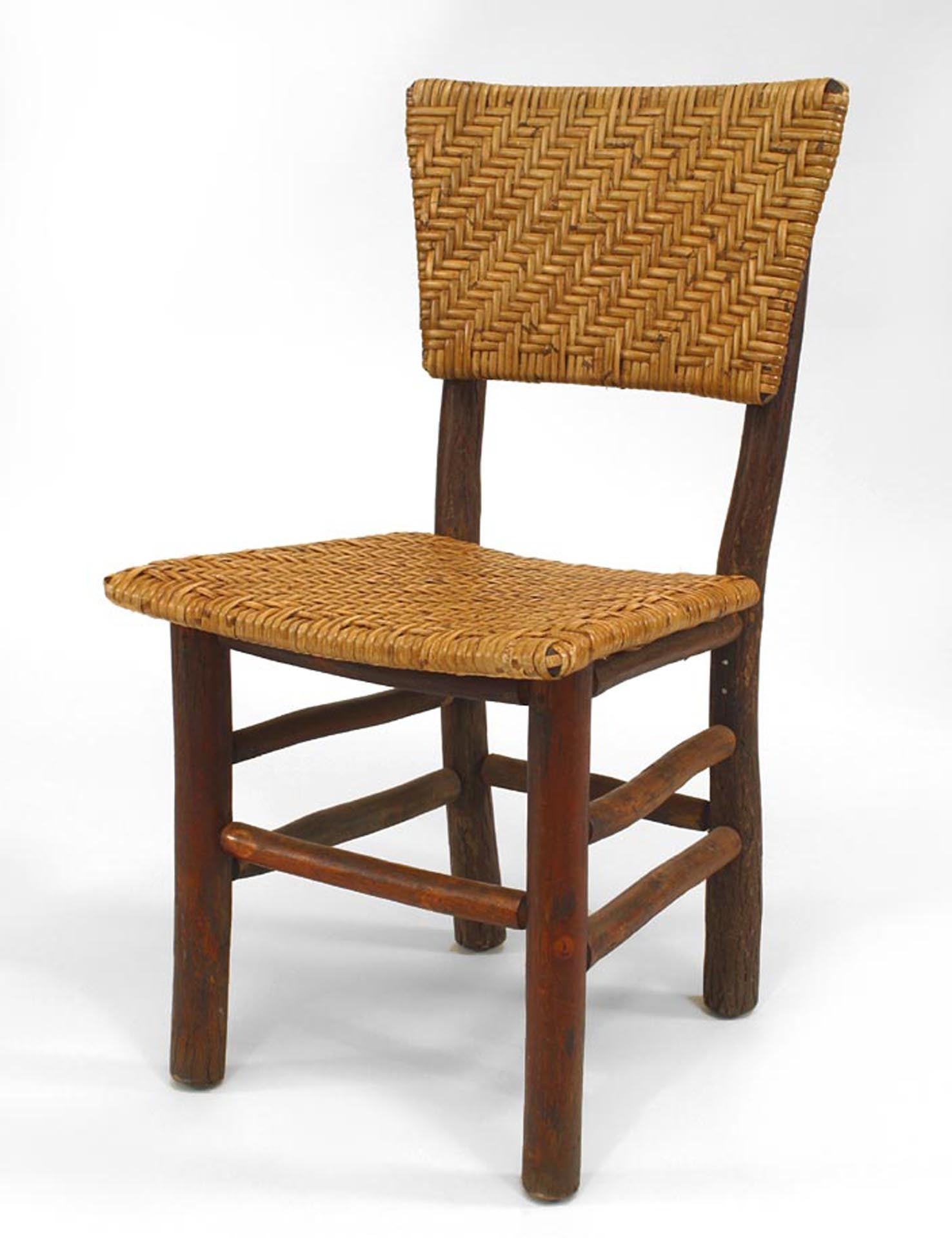 Set of 6 Rustic Old Hickory (Circa 1940) side chairs with woven rattan seat & back with flaired design back & stretcher (branded Martinsville, Ind.) (Russel Wright design)
