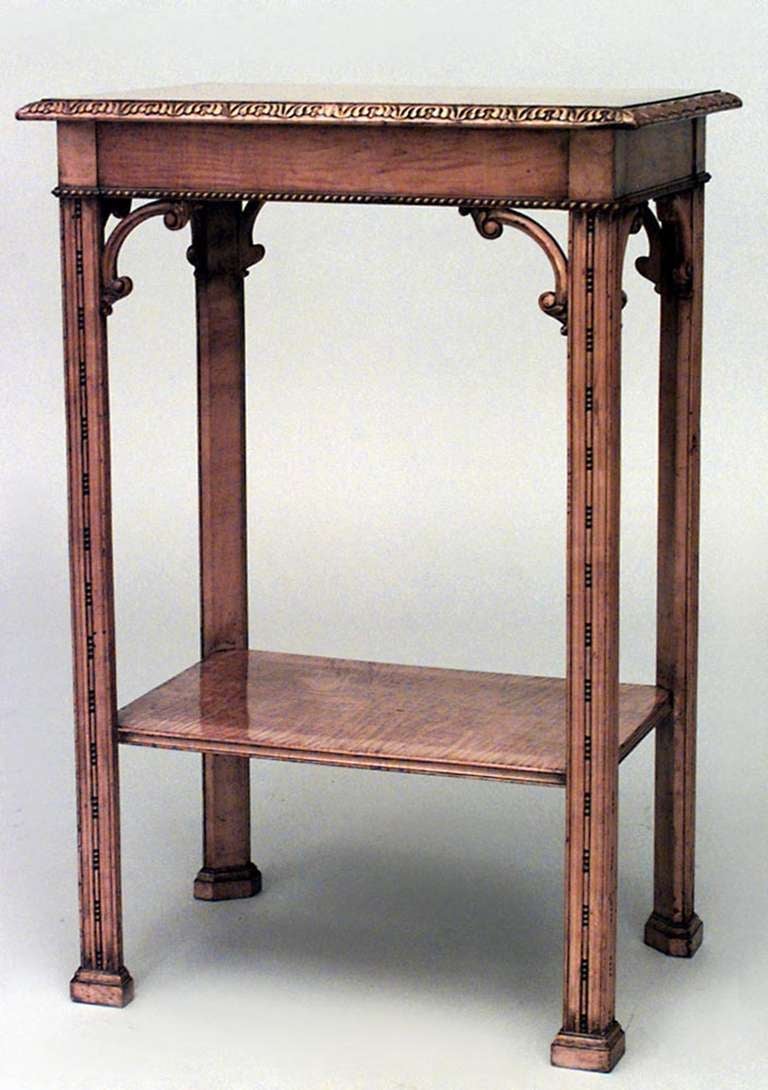 English Victorian Chinese Chippendale style satinwood rectangular end table with shelf and square fluted legs. (19th Cent)
