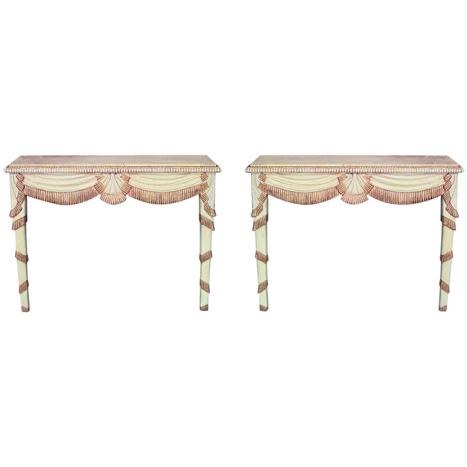 Pair of Gilded and Painted French Art Deco Bracket Consoles