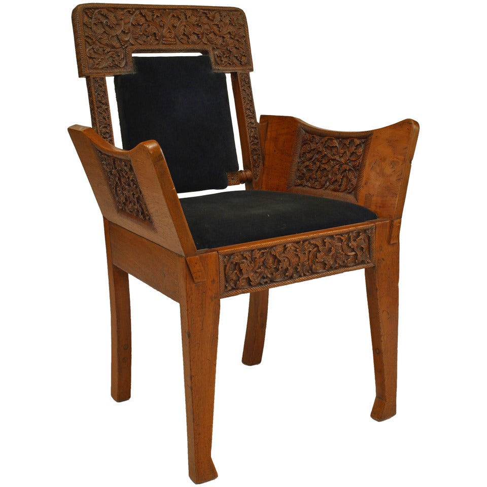 19th c. Black Velvet Upholstered Burmese Club Chair