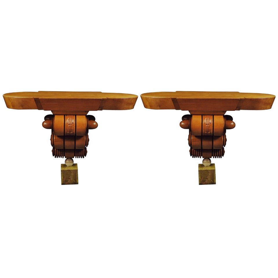 Pair of Art Deco Maple Onyx Console Tables For Sale