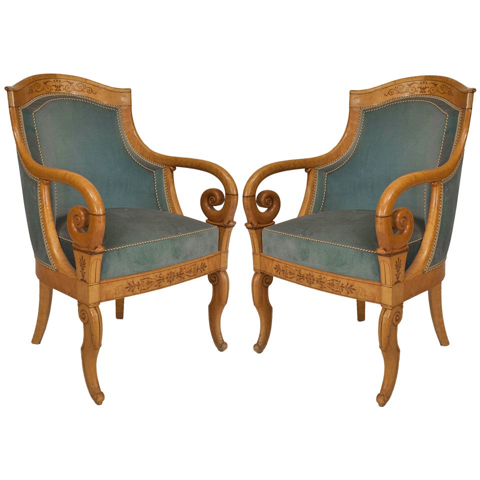 Pair of French Charles X Blue Velvet Armchairs For Sale