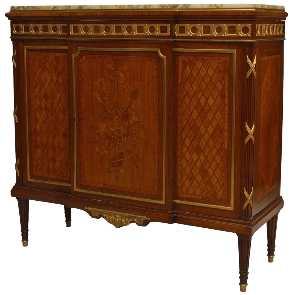 19th c. Louis XVI Style Inlaid Sideboard with Marble Top and Bronze Accents