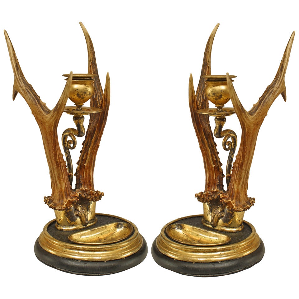 Pair of Continental Antler and Brass Candlesticks