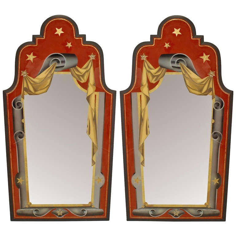 Pair Of Italian Art Deco Style Painted Eglomise Wall Mirrors For Pair Of Italian Art Deco Style Painted Eglomise Wall Mirrors For