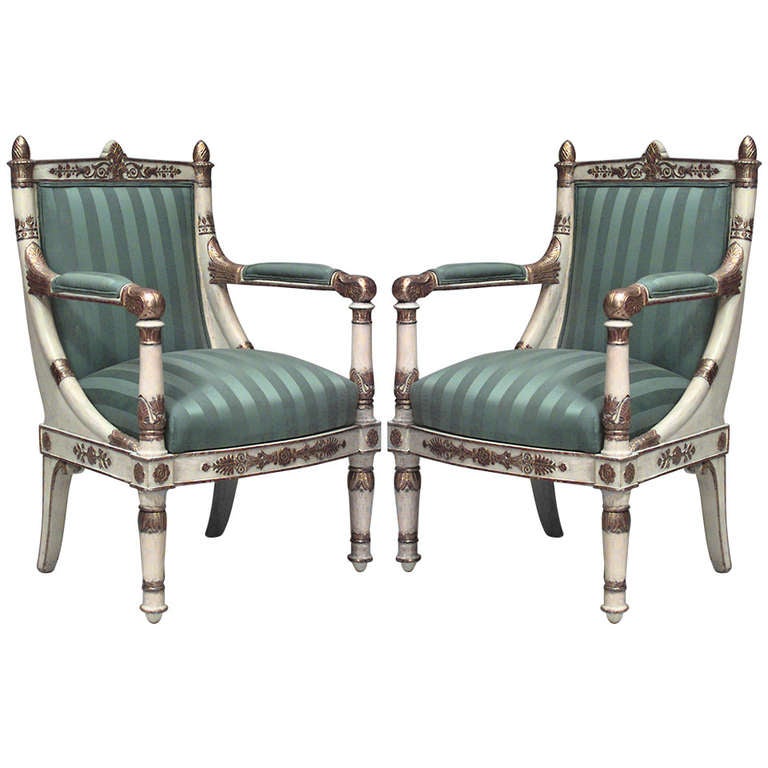 Pair of French Empire Gilt Carved and Upholstered Armchairs For Sale at