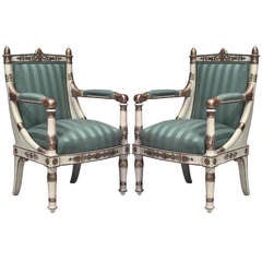 Pair of French Empire Gilt Carved and Upholstered Armchairs 9