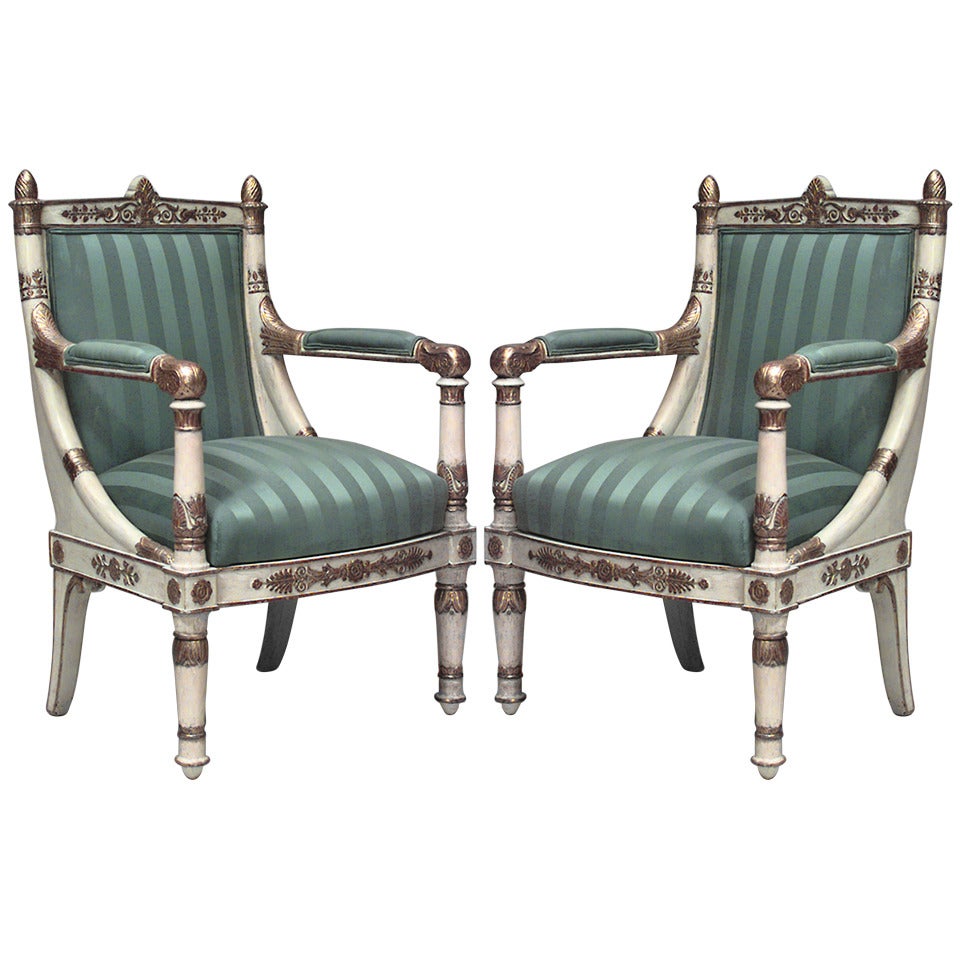 Pair of French Empire Striped Armchairs