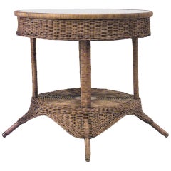 Antique American Mission Glass Top Wicker Center Table