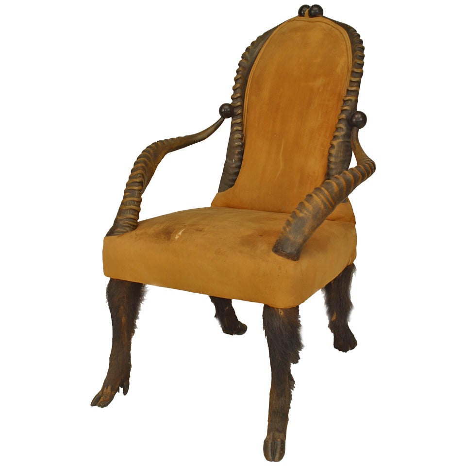 19th c. Rustic Horn Design Armchair with Leather Upholstery