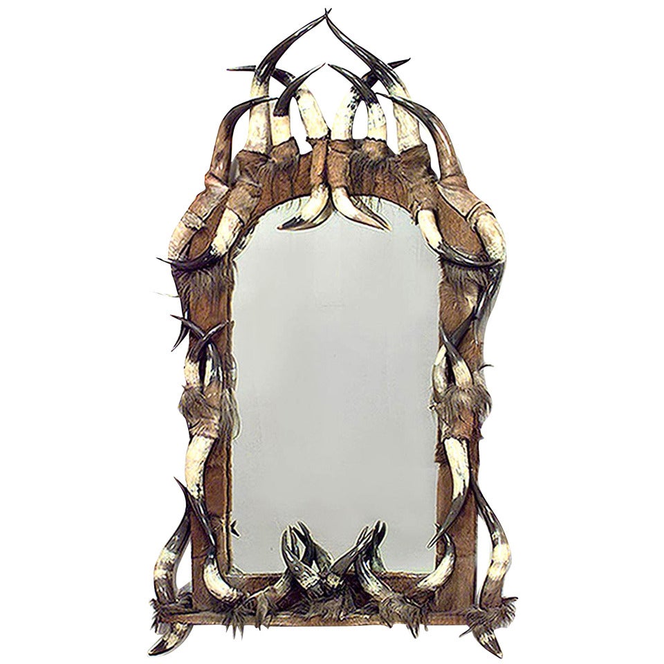 Rustic Continental Horn and Leather Wall Mirror For Sale