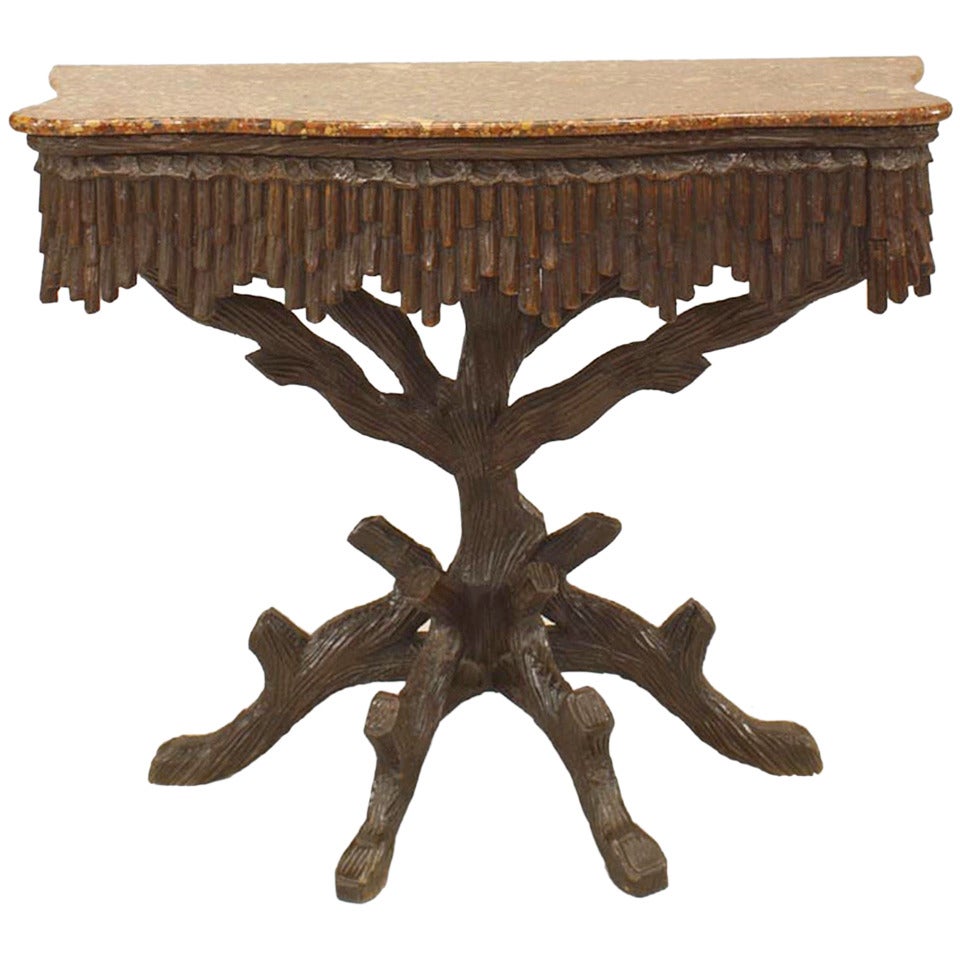 Rustic Black Forest Walnut Marble Console Table For Sale