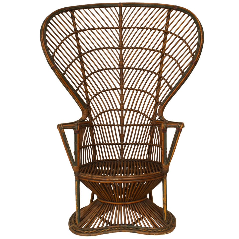 19th C. Natural Wicker Fan Back Throne Chair Attributed to Heywood-Wakefield