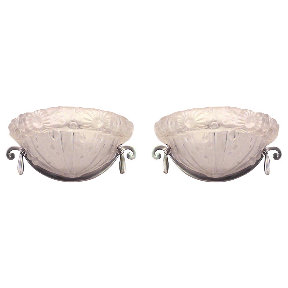 Pair of French Art Deco Half-Round Molded Glass Wall Sconces For Sale