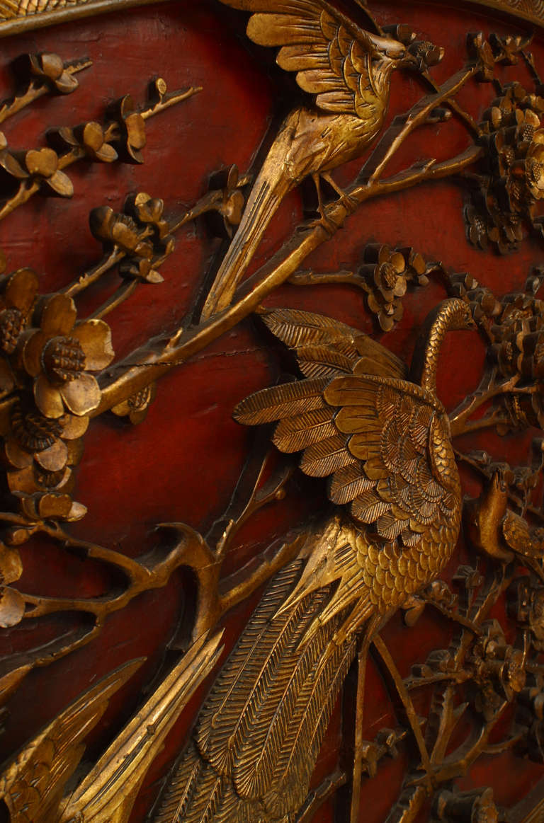 19th c. Chinese Red and Gilt Lacquered King Sized Headboard In Excellent Condition In Queens, NY
