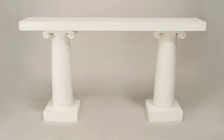 American Art Moderne (1940/50s) plaster console table with ionic column form supports.
