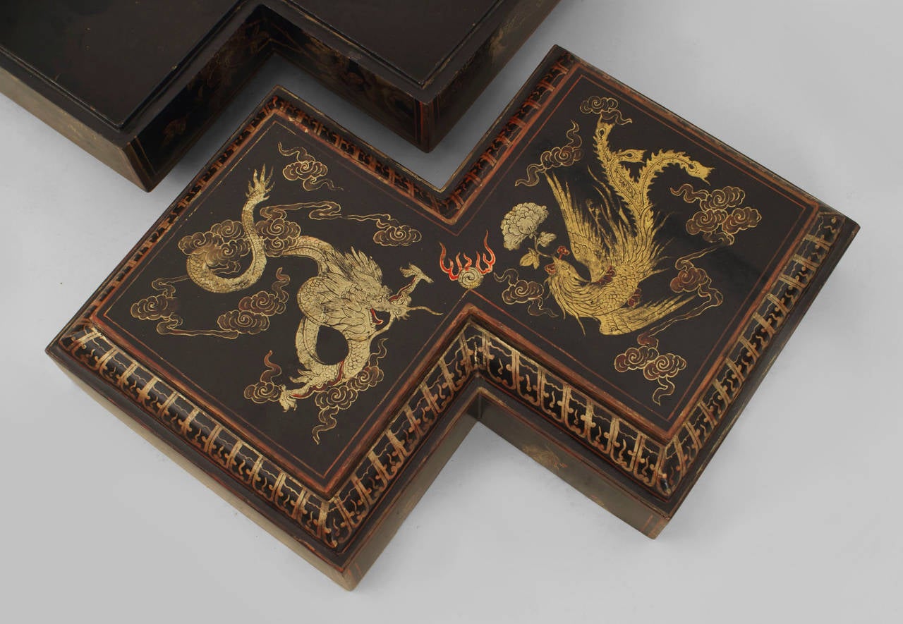 19th Century Pair of  Asian Black-Lacquered Stacked Cubic Tables