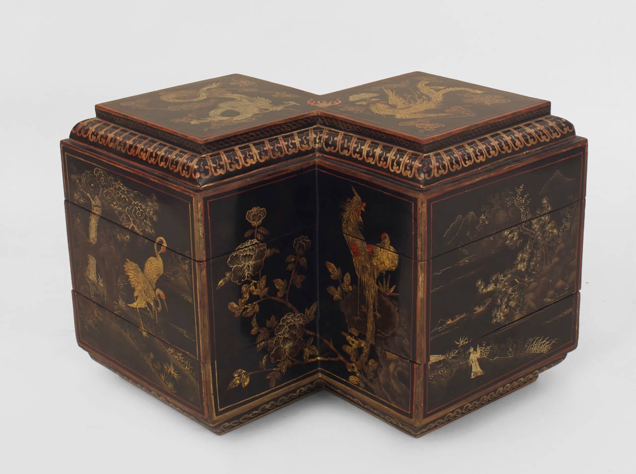 Pair of  Asian Black-Lacquered Stacked Cubic Tables In Excellent Condition In New York, NY