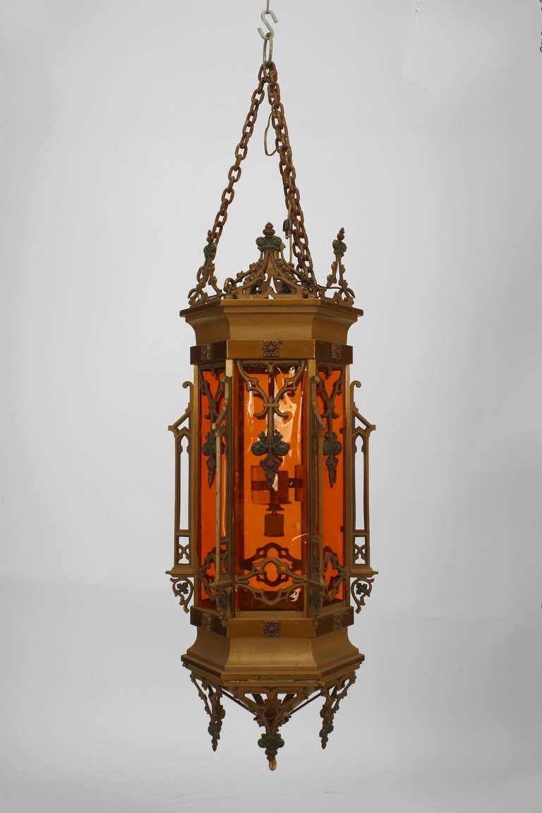 4 English Gothic Revival Bronze and Tinted Glass Hanging Lanterns For