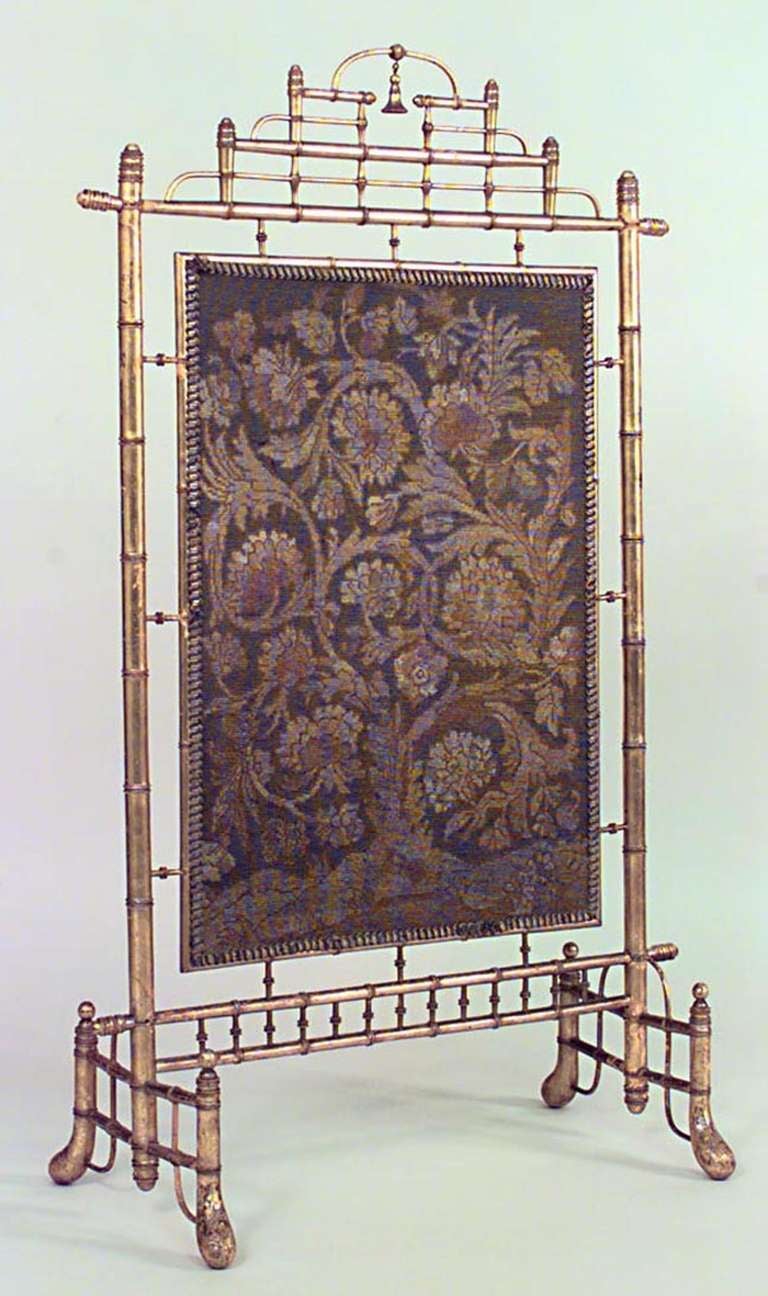 French Victorian gilt faux bamboo fire screen with needlepoint panel.
