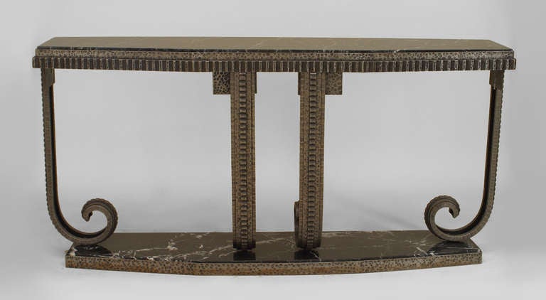 Pair of French Art Deco Style Marble and Wrought Iron Consoles In Excellent Condition In New York, NY