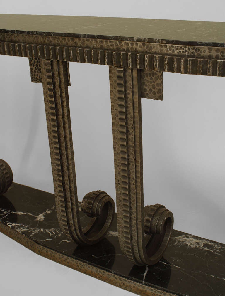 20th Century Pair of French Art Deco Style Marble and Wrought Iron Consoles