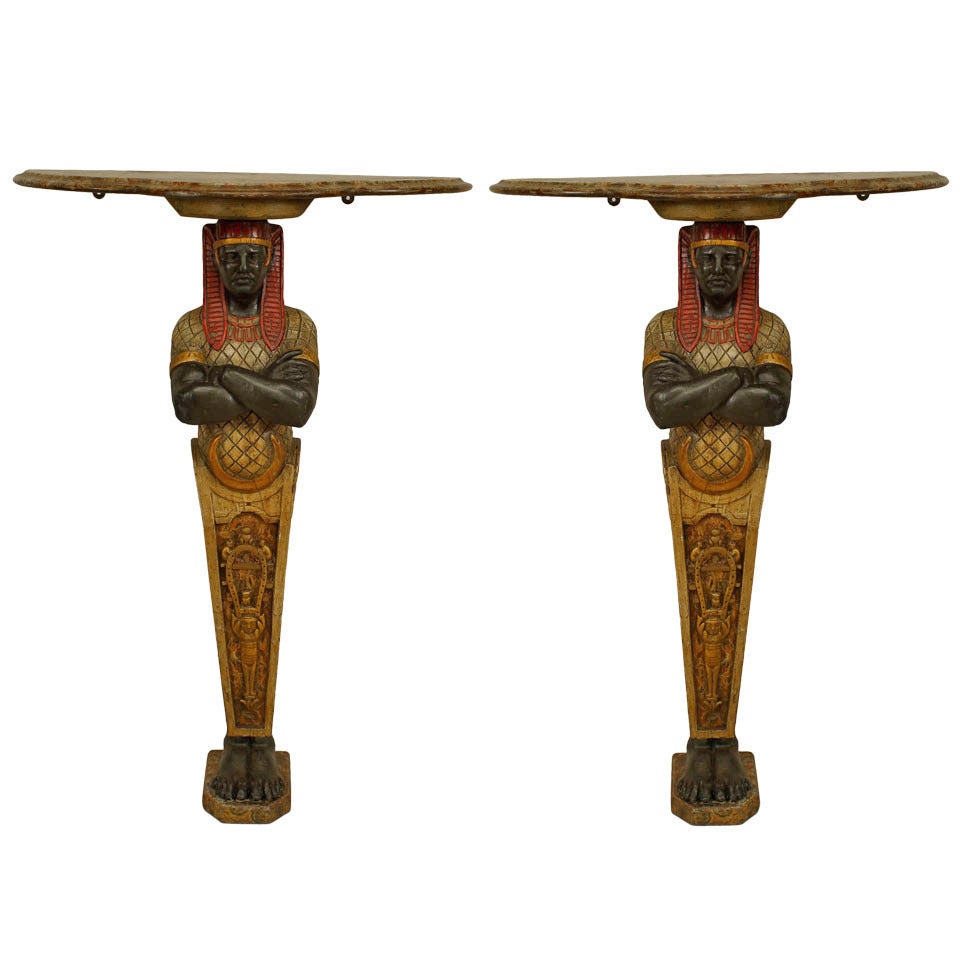 Pair of Egyptian Style Painted Figural Faux Marble Top Console Tables