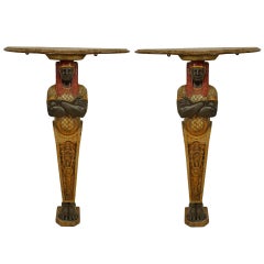 Antique Pair of Egyptian Style Painted Figural Faux Marble Top Console Tables