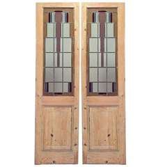 Pair of Stained Glass and Stripped Wood American Mission Doors